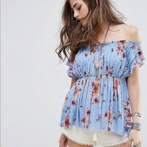 We The Free Floral Print Top Womens Size XS Smocked‎ Blouse Bohemian Casual Blue
